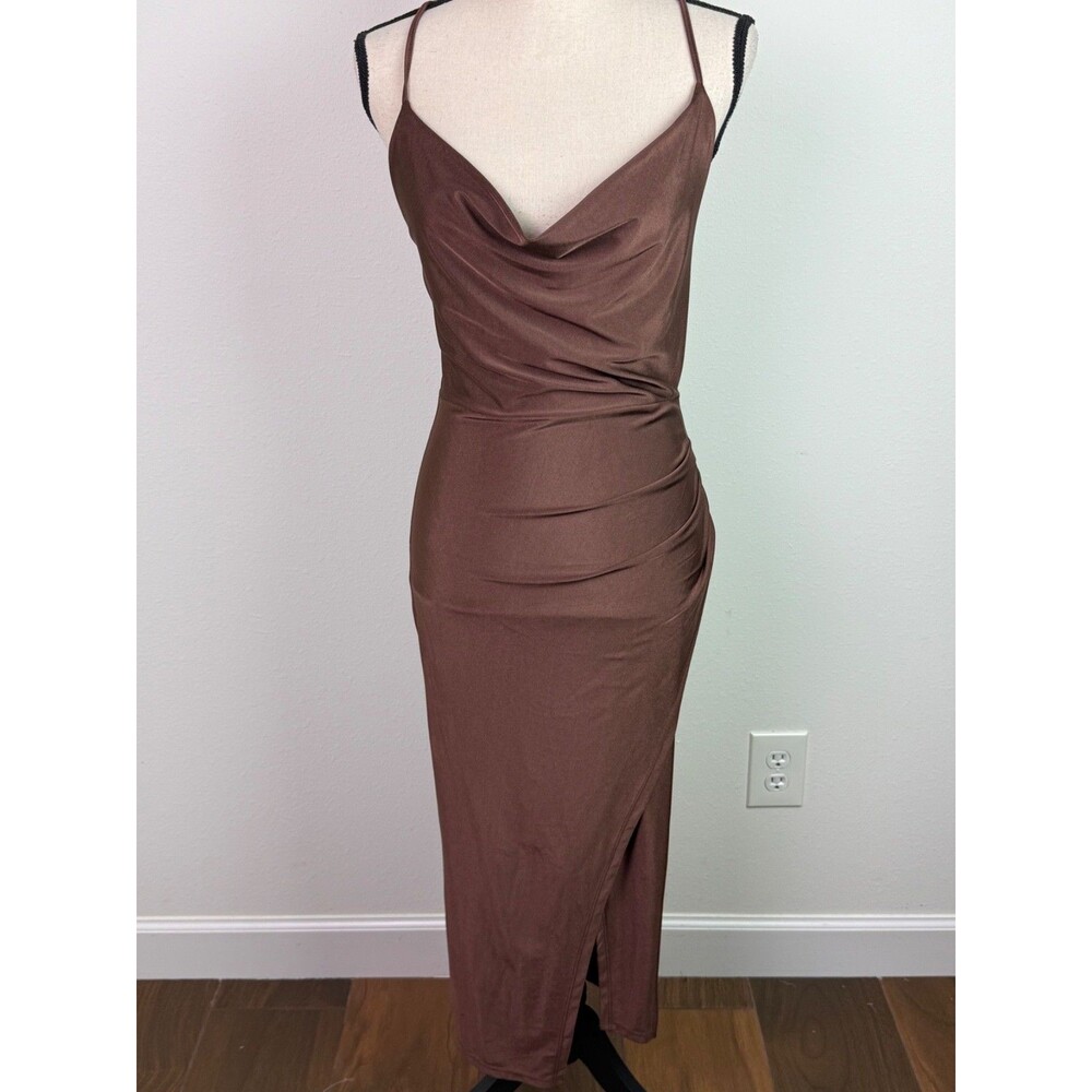Brown Satin Midi Slip Dress Medium Cowl Neck Ruching Y2K Revival 90's Bodycon - Picture 3 of 9